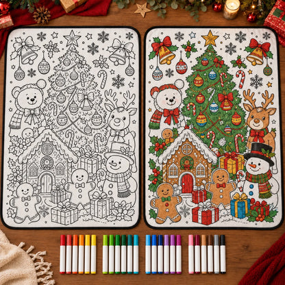 Design 2 — Christmas Friends, uncolored and colored velvet blanket comparison with clean printed outlines; AI-generated styled illustration.