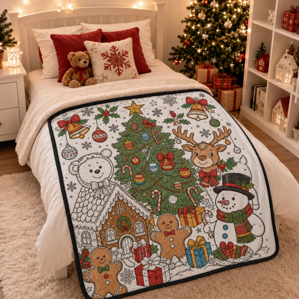 Christmas Friends coloring blanket shown on a bed in a cozy Christmas room; styled illustration.