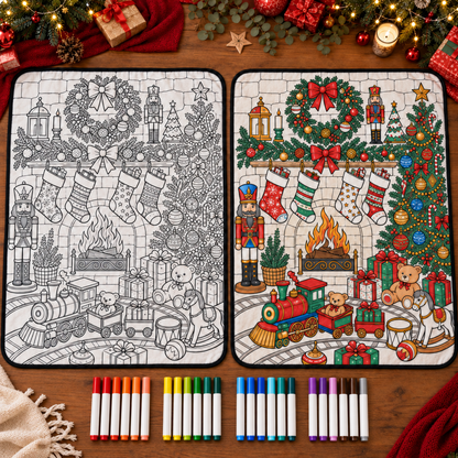 Design 4 — Cozy Fireplace, uncolored and colored blanket comparison; AI-generated styled illustration.