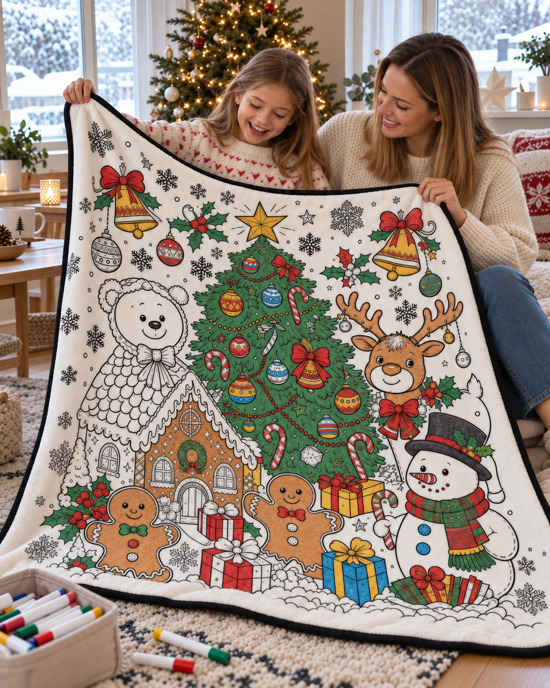 AI-generated illustration of an aunt and child showing design 2 — Christmas Friends at Christmas; not a customer photograph.