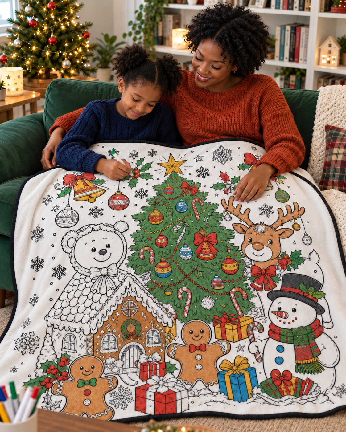 AI-generated illustration of a mother and daughter coloring design 2 — Christmas Friends; not a customer photograph.