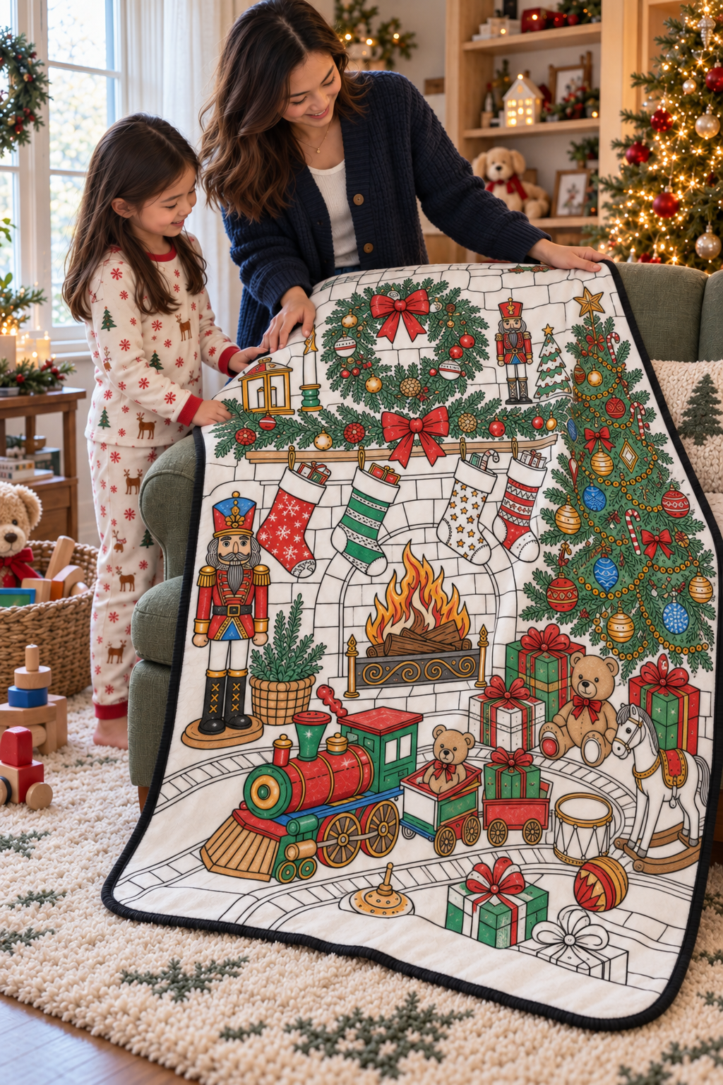 AI-generated illustration of a mother and child arranging design 4 — Cozy Fireplace on an armchair; not a customer photograph.