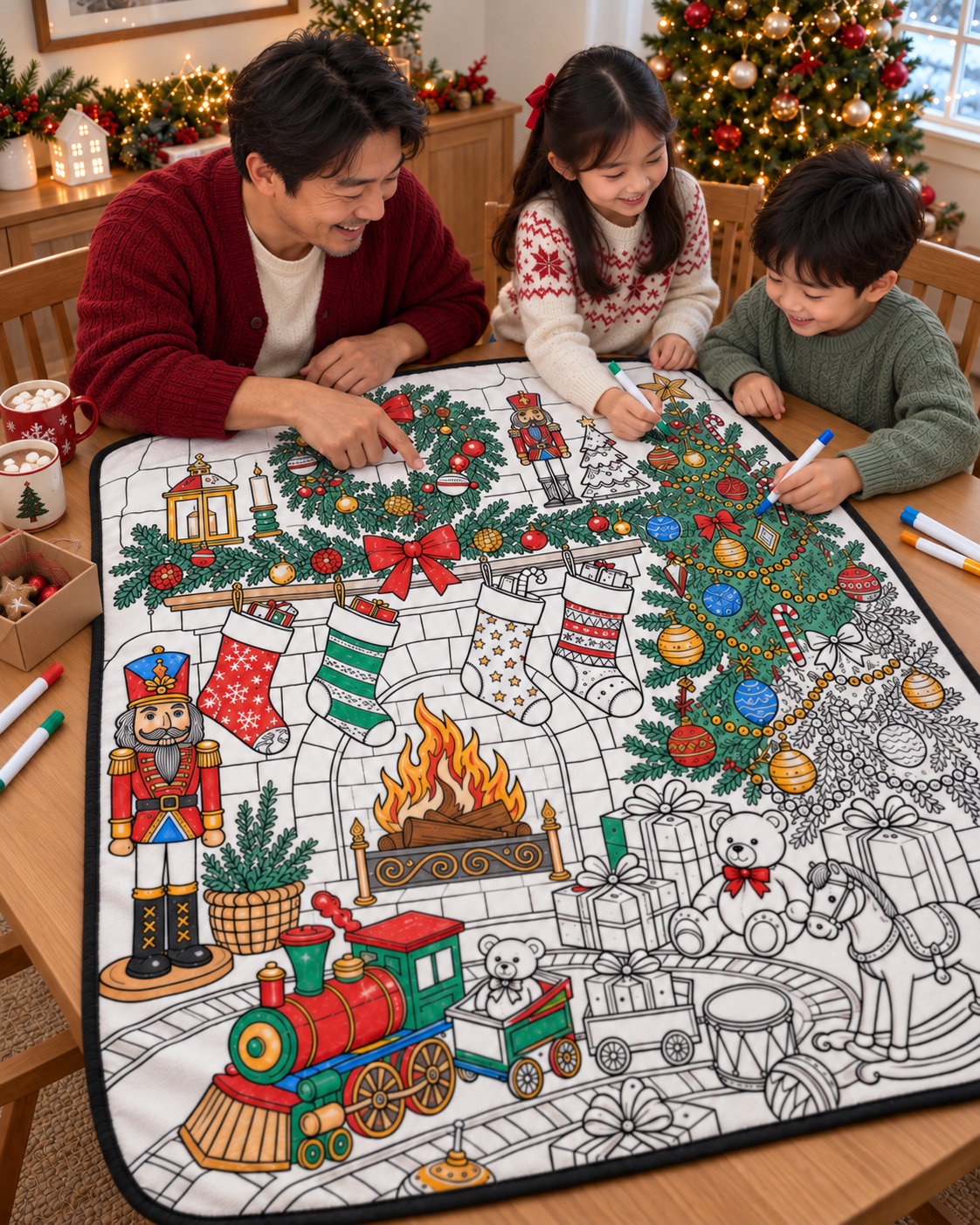 AI-generated illustration of a father and two children coloring design 4 — Cozy Fireplace on Christmas Eve; not a customer photograph.