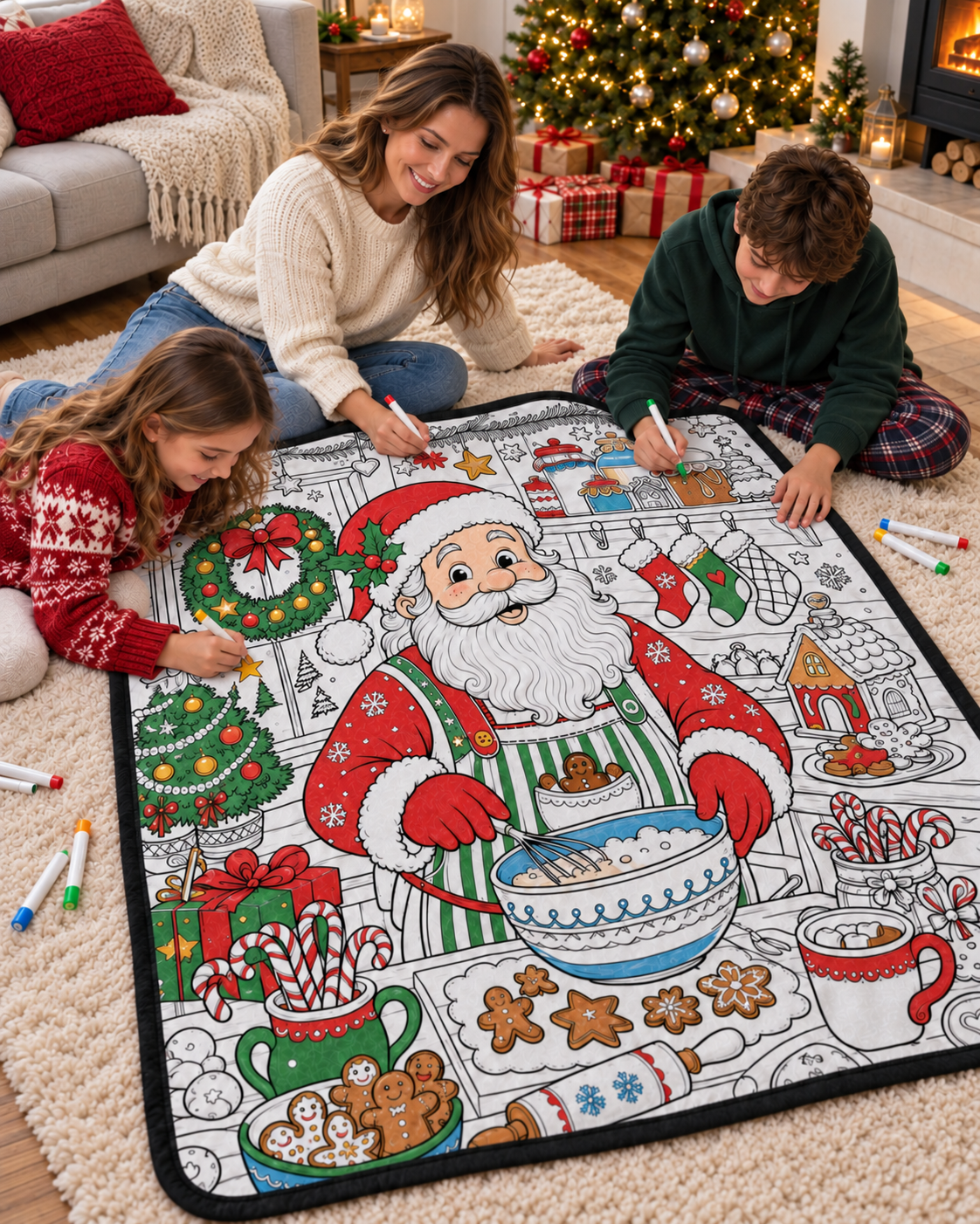 AI-generated illustration of a family coloring design 1 — Santa’s Bakery; not a customer photograph.