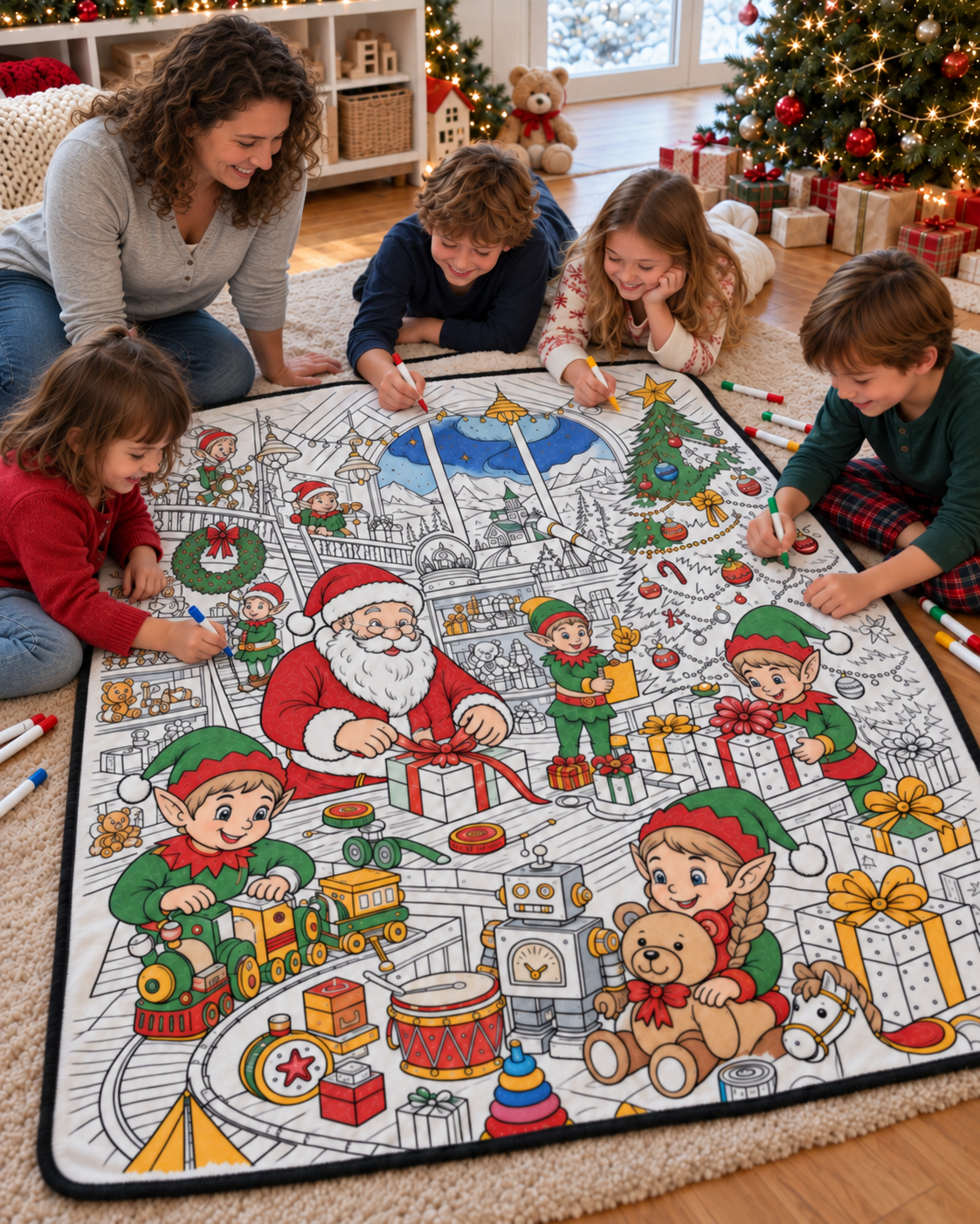 AI-generated illustration of a woman with four cousins coloring design 5 — Santa’s Workshop; not a customer photograph.