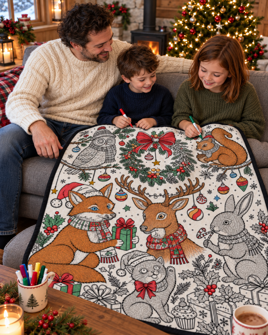 AI-generated illustration of a father and two children sharing design 3 — Woodland Christmas on a couch; not a customer photograph.