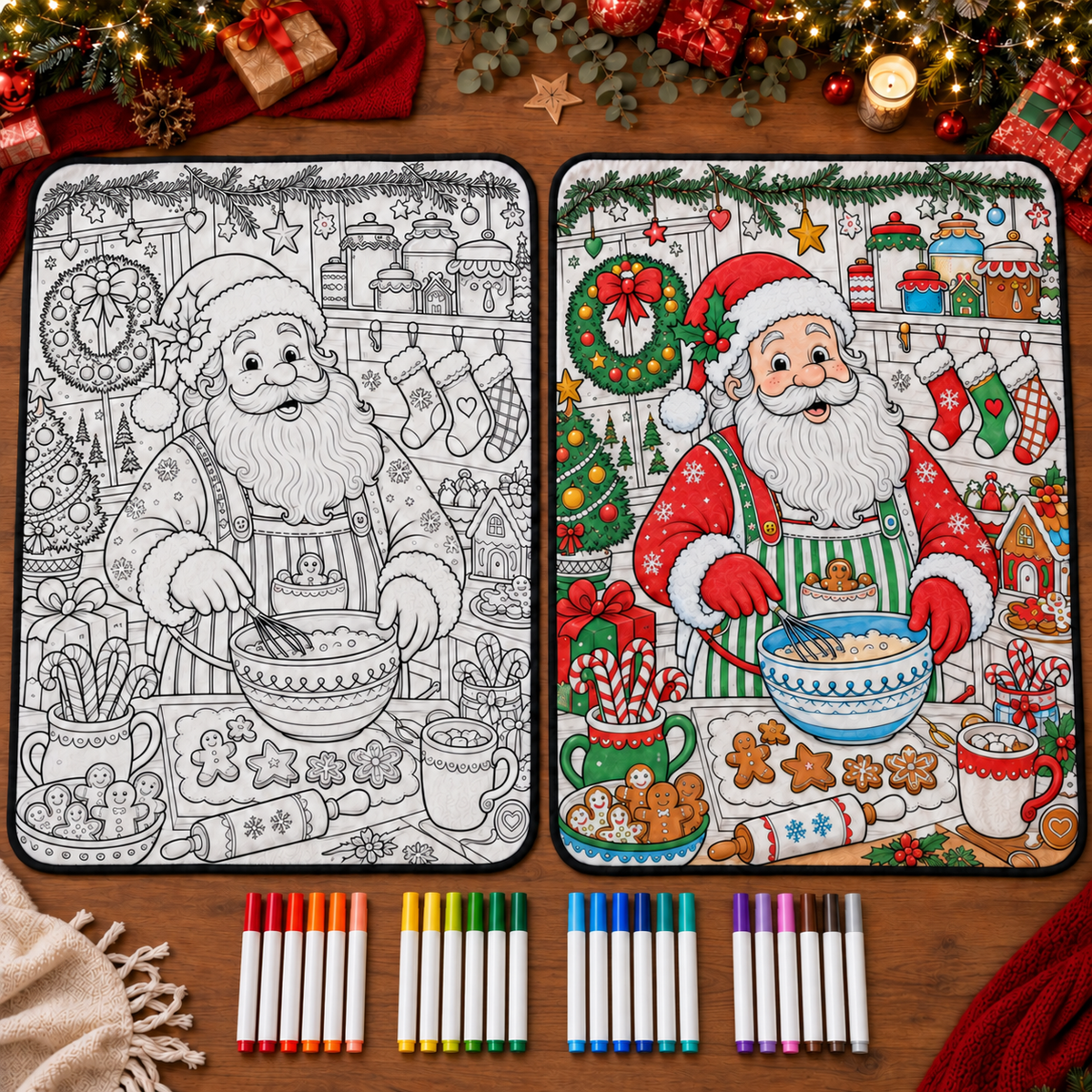 Design 1 — Santa’s Bakery, uncolored and colored blanket comparison; AI-generated styled illustration.