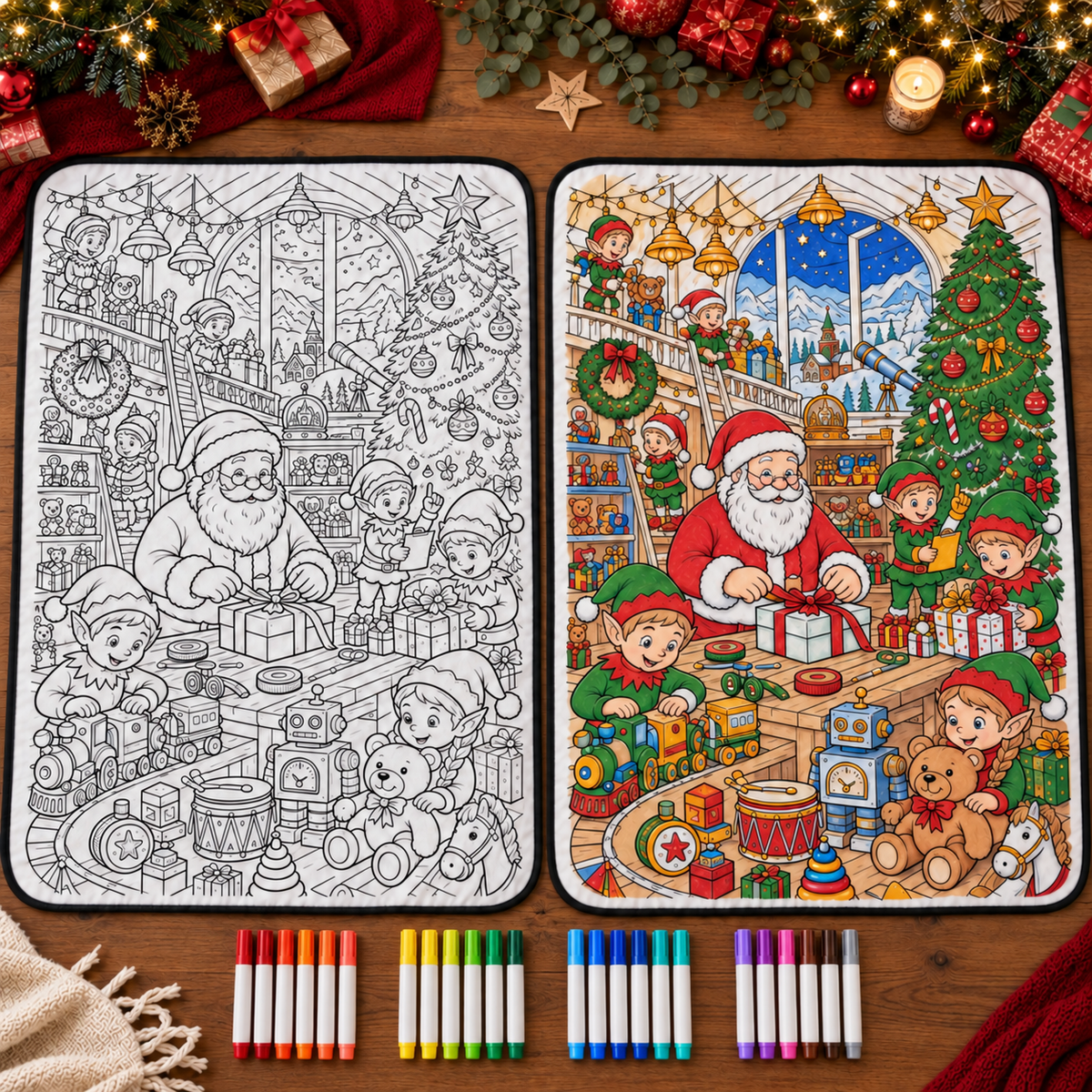Design 5 — Santa’s Workshop, uncolored and colored blanket comparison; AI-generated styled illustration.
