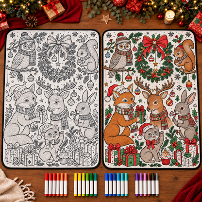 Design 3 — Woodland Christmas, uncolored and colored blanket comparison; AI-generated styled illustration.